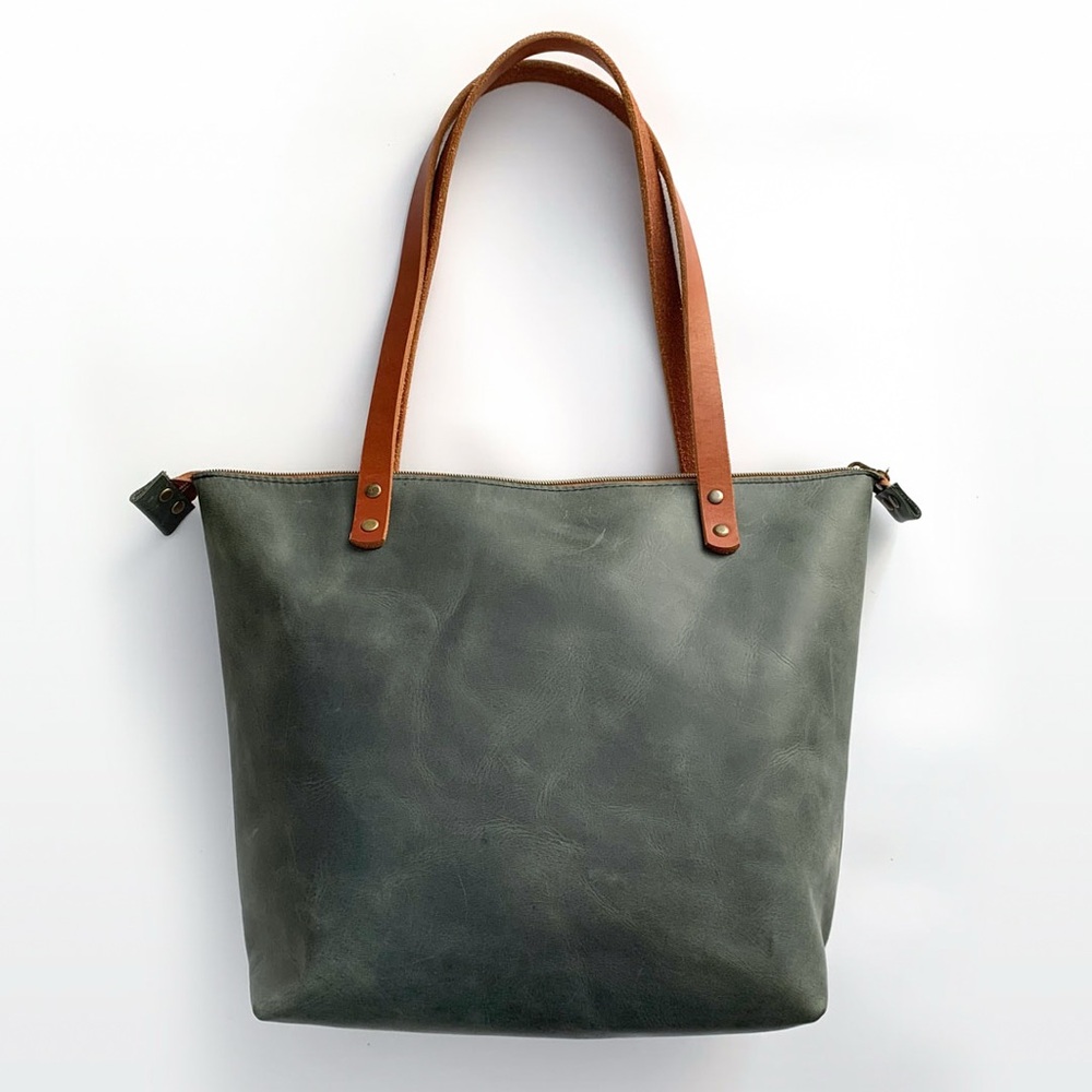 Green Gray 100% Genuine Leather Tote Bag with Tan Handles